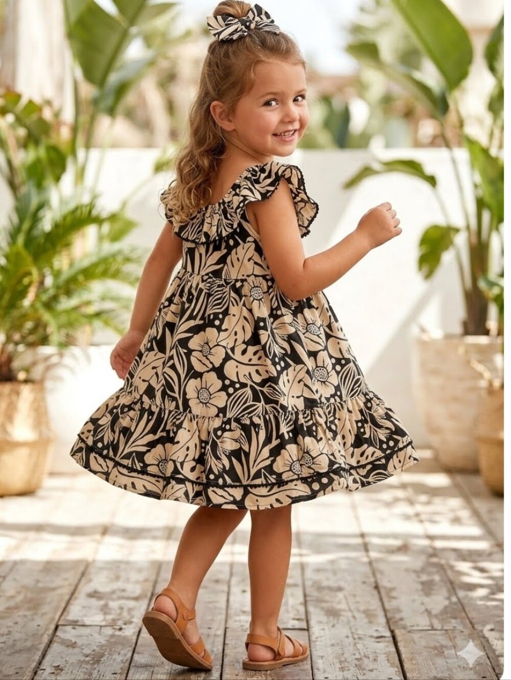 Tommy Bahama, Black & Cream Tropical Floral Ruffle Dress for Girls 2T
